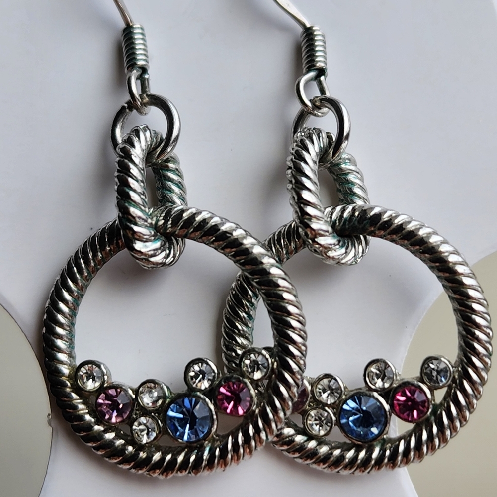 Twisted Silver Earrings with Pink and Blue Crystals